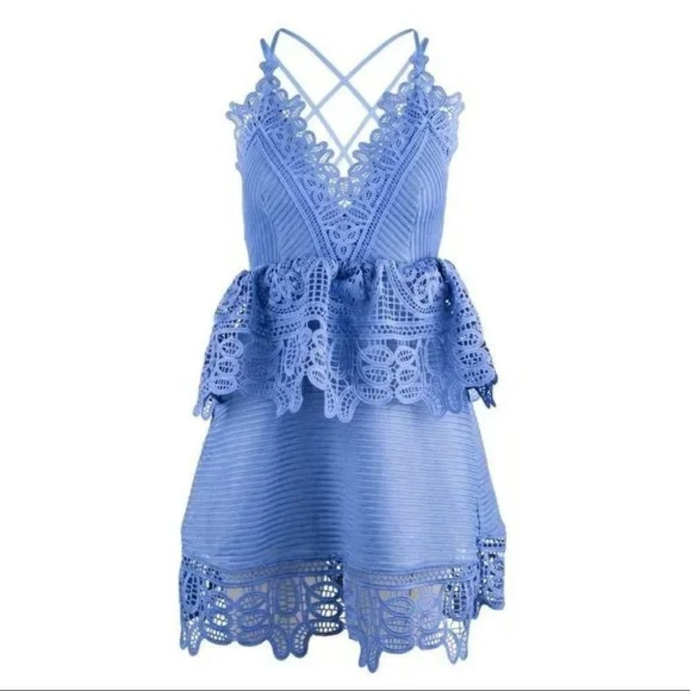 Self Portrait Lace Eyelet Peplum Dress Periwinke Blue, Size 4
